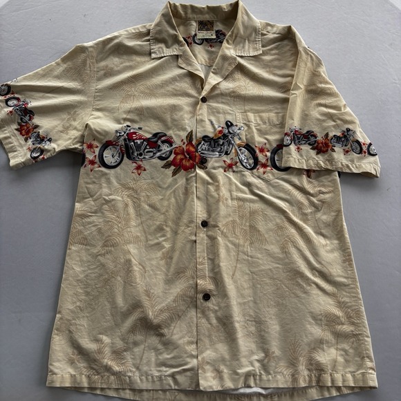 Winnie Fashion L Hawaiian Aloha Shirt Motorcycles Hibiscus Made in Hawaii Cotton - Picture 2 of 9